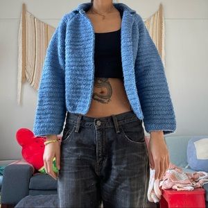 hand knit blue cardigan sweater
